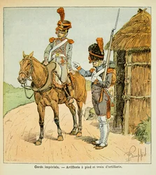 Illustrasjon av bombet Louis (1862-1927) fra boken "The Memorial of Saint Helene" av grev Emmanuel de Las Cases (1766-1842): Den keiserlige garde: Artilleri til fots og artilleritog, privat samling