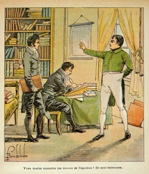 Illustrasjon av bombet Louis (1862-1927) fra boken "The Memorial of Saint Helene" av grev Emmanuel de Las Cases (1766-1842): Napoleon dikterer sine minnesmerker til Las-saker, privat samling