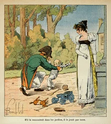 Illustrasjon av bombet Louis (1862-1927) fra boken "The Memorial of Saint Helene" av grev Emmanuel de Las Cases (1766-1842): Napoleon leker med sønnen i nærvær av Marie Louise, privat samling