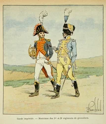 Illustrasjon av bombet Louis (1862-1927) fra boken "The Memorial of Saint Helene" av grev Emmanuel de Las Cases (1766-1842): Imperial Guard: Musicians of the 1st and 2nd regiments of grenadiers, Private Collection
