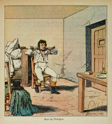 Illustrasjon av bombet Louis (1862-1927) fra boken "The Memorial of Saint Helene" av grev Emmanuel de Las Cases (1766-1842): Jean Charles Pichegrus (1761-1804) død i fengselet hans i 1804, privat samling