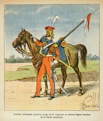 Illustrasjon av bombet Louis (1862-1927) fra boken "The Memorial of Saint Helene" av grev Emmanuel de Las Cases (1766-1842): Portrait of a Dutch Lancer (Red Lancer of the 2nd, th regiment of light horses of the Imperial Guard), Privat samling