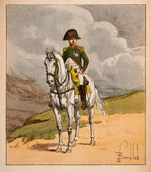 Illustrasjon av bombet Louis (1862-1927) fra boken "The Memorial of Saint Helene" av grev Emmanuel de Las Cases (1766-1842): Equestrian Portrait of Emperor Napoleon 1.er, Private Collection