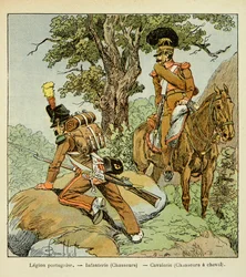 Illustrasjon av bombet Louis (1862-1927) fra boken "The Memorial of Saint Helene" av grev Emmanuel de Las Cases (1766-1842): Portugisisk legion: infanteri (jegere) og kavaleri (jegere til hest), privat samling