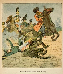 Illustrasjon av bombet Louis (1862-1927) fra boken "The Memorial of Saint Helene" av grev Emmanuel de Las Cases (1766-1842): General Jean Victor Marie Moreaus (1763-1813) død i slaget ved Dresden 26. august 1813, Privat samling
