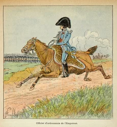 Illustrasjon av bombet Louis (1862-1927) fra boken "The Memorial of Saint Helene" av grev Emmanuel de Las Cases (1766-1842): Portrett av en ordinær offiser av keiser Napoleon, privat samling