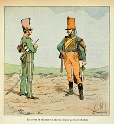 Illustrasjon av bombet Louis (1862-1927) fra boken "The Memorial of Saint Helene" av grev Emmanuel de Las Cases (1766-1842): Armee Francaise: Speider og jeger av den unge garde 1813 - 1815, Privat samling