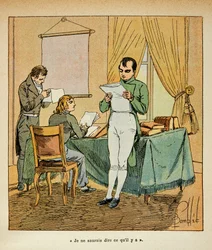 Illustrasjon av bombet Louis (1862-1927) fra boken "The Memorial of Saint Helene" av grev Emmanuel de Las Cases (1766-1842): lesing av engelske aviser av Napoleon a Ste Helene, privat samling