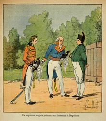 Illustrasjon av bombet Louis (1862-1927) fra boken "The Memorial of Saint Helene" av grev Emmanuel de Las Cases (1766-1842): Til St. Helene, en engelsk kaptein presenterte en løytnant for keiser Napoleon, privat samling