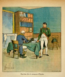 Illustrasjon av bombet Louis (1862-1927) fra boken "The Memorial of Saint Helene" av grev Emmanuel de Las Cases (1766-1842): I eksil dikterer keiser Napoleon sine minnesmerker til den store marekalen Henri Gatien Bertrand (1773-1844) ) på den egyptiske cou