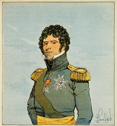 Illustrasjon av bombet Louis (1862-1927) fra boken "The Memorial of Saint Helene" av grev Emmanuel de Las Cases (1766-1842): Portrett av marekalen Jean Baptiste Bernadotte (1763-1844) kjent som Sergeant Belle Leg, Prince av Ponte Corvo, konge av 