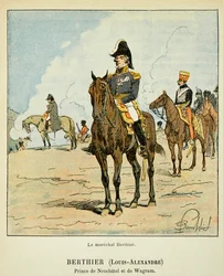 Illustrasjon av bombet Louis (1862-1927) fra boken "The Memorial of Saint Helene" av grev Emmanuel de Las Cases (1766-1842): Rytterportrett av marekalen Louis Alexandre Berthier (1753-1815), prins av Neufchatel og av Wagram, Private Collect