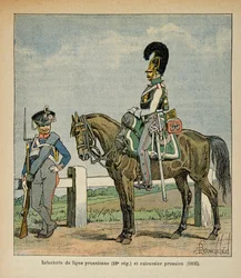 Illustrasjon av bombet Louis (1862-1927) fra boken "The Memorial of Saint Helene" av grev Emmanuel de Las Cases (1766-1842): Infanteri av den prøyssiske linjen (42, eme regiment) og prøyssiske slagskip