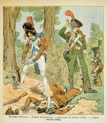 Illustrasjon av bombet Louis (1862-1927) fra boken "The Memorial of Saint Helene" av grev Emmanuel de Las Cases (1766-1842): Italienske tropper, Piemontaise Legion: Battle Infantry (1806, Italic Legion (1800), privat samling
