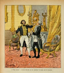 Illustrasjon av bombet Louis (1862-1927) fra boken "The Memorial of Saint Helene" av grev Emmanuel de Las Cases (1766-1842): Talleyrand (1754-1838) vendt mot Denis Decres (1761-1820) Privat samling