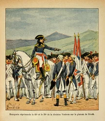 Illustrasjon av bombet Louis (1862-1927) fra boken "The Memorial of Saint Helene" av grev Emmanuel de Las Cases (1766-1842): Bonaparte irettesetter det 85. og 39. Vaubois-regimentet på platået i Rivoli, privat samling