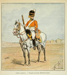 Illustrasjon av bombet Louis (1862-1927) fra boken "The Memorial of Saint Helene" av grev Emmanuel de Las Cases (1766-1842): English Armee: Scottish Dragons (scotch greys), privat samling
