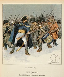 Illustrasjon av bombet Louis (1862-1927) fra boken "The Memorial of St. Helene" av grev Emmanuel de Las Cases (1766-1842): Portrett av marechal Michel Ney (1769-1815), hertug av Elchingen, prins av Moskova , under Russlands retrett, Private Collec