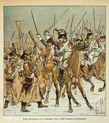 Illustrasjon av bombet Louis (1862-1927) fra boken "The Memorial of St. Helene" av grev Emmanuel de Las Cases (1766-1842): Oberst Doumeres 9. regiment av slagskip tok 1800 russere til fange under det russiske felttoget, Privat samling