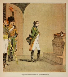 Illustrasjon av bombet Louis (1862-1927) fra boken «The Memorial of St. Helene» av grev Emmanuel de Las Cases (1766-1842): Napoleon mediterer på kisten til Frederic II av Preussen i krypten til GarnisonKirche i Potsdam i 1806, Private Collecti