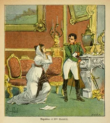 Illustrasjon av bombet Louis (1862-1927) fra boken "The Memorial of St. Helene" av grev Emmanuel de Las Cases (1766-1842): Clemence of Emperor Napoleon into the Princess of Hatzfeld, som ber om nåden til mannen sin , Privat samling