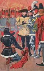 Jeanne d'Arc gjenkjenner Charles VII i Chinon, fra 'L'Histoire de France' av Jules Michelet, ca. 1900 (farge litho)