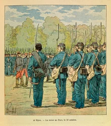 «Østhæren» av Eugène Sergeant, kalt Grenest, illustrert av Louis Bombled (1862-1927) (den fransk-tyske krig; felttoget 1870-1871): I Dijon, Nasjonalgardens magasin i parken den 19. oktober