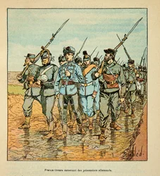 The Army of the Loire av Eugene Sergent, dit Grenest, illustrert av Louis Bombled (1862-1927) (fransk-tyske krig; kampanje 1870-1871): Freesinchers bringer tilbake tyske fanger i oktober 1870, privat samling