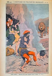 Spanske jøder søker tilflukt i Atlasfjellene på 1400-tallet, illustrasjon fra «Histoire de France» av Michelet (1798–1874) ca. 1900 (fargelitografi)
