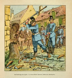 Armee de la Loire av Eugene Sergent, kjent som Grenest, illustrert av Louis Bombled (1862-1927) (fransk-tyske krig; kampanje 1870-1871): Etter erobringen av byen Orleans i oktober 1870, en bayersk underoffiser knuste jegerne. (rifler igjen