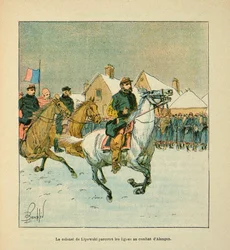 The Armee of the Loire av Eugene Sergeant, dit Grenest, illustrert av Louis Bombled (1862-1927) (fransk-tyske krig; kampanje 1870-1871): Oberst Lipowski reiser Alencons kamplinjer i januar 1871, privat samling