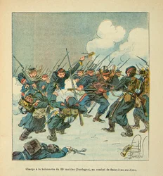 The Armee of the Loire av Eugene Sergeant, kjent som Grenest, illustrert av Louis Bombled (1862-1927) (den fransk-tyske krigen; kampanje 1870 -1871): ladning til baionetten til den 22. mobilen (Dordogne) i slaget ved Saint Jean sur Evre i januar 1871, P