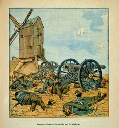 The Armee of the Loire av Eugene Sergent, kjent som Grenest, illustrert av Louis Bombled (1862-1927) (fransk-tyske krig; kampanje 1870-1871): Tysk batteri demonert av Zephyrs (lett infanteri i Afrika) under kampene av Beaune La Rolande i