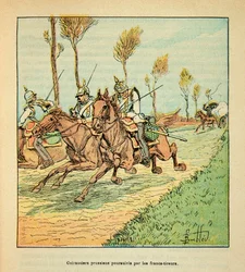 The Armee of the Loire av Eugene Sergent, kjent som Grenest, illustrert av Louis Bombled (1862-1927) (fransk-tyske krig; kampanje 1870 -1871): prøyssiske kuirassier forfulgt av freisistene i oktober 1870, privat samling