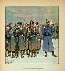 The Armee of the Loire av Eugene Sergent, kjent som Grenest, illustrert av Louis Bombled (1862-1927) (fransk-tyske krig; kampanje 1870 -1871): Denuering av noen prøyssiske tropper i 1870, privat samling