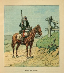 The Armee of the Loire av Eugene Sergent, kjent som Grenest, illustrert av Louis Bombled (1862-1927) (fransk-tyske krig; kampanje 1870 -1871): Star of the 6th Hussards, engasjert under slaget ved Toury i oktober 1870 , Privat samling
