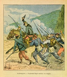 The Eastern Armee of Eugene Sergeant, dit Grenest, illustrert av Louis Bombled (1862-1927) (fransk-tyske krig; kampanje 1870-1871): General Dupre har sjefen for sine menn i slaget ved La Bourgonce i oktober 1870, Privat samling