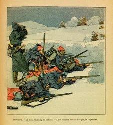 The Eastern Armee of Eugene Sergeant, dit Grenest, illustrert av Louis Bombled (1862-1927) (fransk-tyske krig; kampanje 1870-1871): Hericourt, et hjørne av slagmarken; den 4. Zouave før Chagey 15. januar