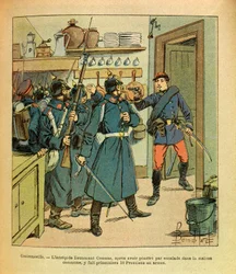 The Eastern Armee of Eugene Sergeant, dit Grenest, illustrert av Louis Bombled (1862-1927) (fransk-tyske krig; kampanje 1870-1871): I Contrexeville tok den uforferdede løytnant Coumes etter å ha klatret inn i felleshuset, 16 prøyssere til fanger. i en