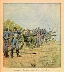 The Eastern Armee of Eugene Sergeant, dit Grenest, illustrert av Louis Bombled (1862-1927) (fransk-tyske krig; kampanje 1870 -1871): Foran Chateauneuf, Armstrong-kanonene til First Legion of the Rhone i desember 1870 , Privat samling