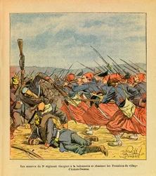 The Eastern Armee of Eugene Sergeant, dit Grenest, illustrert av Louis Bombled (1862-1927) (fransk-tyske krig; kampanje 1870-1871): Zouavene fra 3. regiment angriper en baionette og driver ut prøysserne fra landsbyen Auxon-Dessus under t