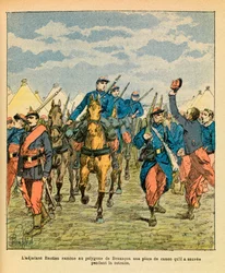 The Eastern Armee of Eugene Sergeant, dit Grenest, illustrert av Louis Bombled (1862-1927) (fransk-tyske krig; kampanje 1870 -1871): Warrant Officer Bastien fra den 32. mars, brakte et stykke tilbake til Besancon-polygonet av kanon som han reddet duri