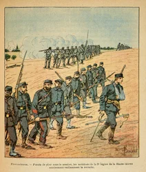 The Eastern Armee of Eugene Sergeant, kjent som Grenest, illustrert av Louis Bombled (1862-1927) (fransk-tyske krig; kampanje 1870 -1871): I Provencheres ble mobilisene til den andre legionen av Upper Marne tvunget til å trekke seg tilbake under antall fie