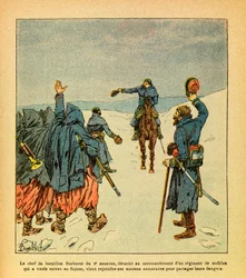 Østhæren av Eugène Sergeant, kjent som Grenest, illustrert av Louis Bombled (1862-1927) (den fransk-prøyssiske krig; felttoget 1870-1871): Lederen for Barberet-bataljonene i 4. zouavregiment beordres til å lede et regiment av mobilgarden som ønsket å