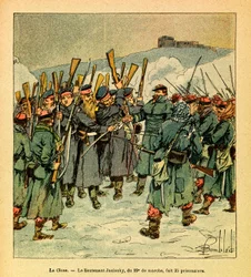 The Eastern Armee of Eugene Sergeant, kjent som Grenest, illustrert av Louis Bombled (1862-1927) (fransk-tyske krig; kampanje 1870 -1871): februar 1871 under de siste kampene ved La Cluse-løytnant Jasinsky den 29. mars gjort 35 fanger, Priv
