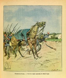 The Eastern Armee of Eugene Sergeant, kjent som Grenest, illustrert av Louis Bombled (1862-1927) (fransk-tyske krig; kampanje 1870-1871): November 1870, under slagene ved Brazey, blir major prøyssisk Saint Ange skutt ned, Privat samling