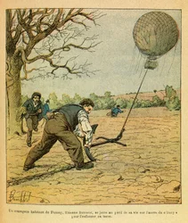 The Eastern Armee of Eugene Sergeant, kjent som Grenest, illustrert av Louis Bombled (1862-1927) (fransk-tyske krig; kampanje 1870 -1871): Battle of Nights Saint Georges; bønder prøver å holde en observasjonsballong, privat samling
