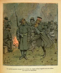 The Eastern Armee of Eugene Sergeant, kjent som Grenest, illustrert av Louis Bombled (1862-1927) (fransk-tyske krig; kampanje 1870-1871): En prøyssisk kaptein med ansvar for oppførselen til gislene til Nuits Saint Georges minner om en av hans soldater i ca