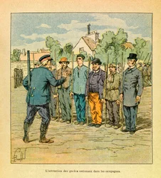 Østhæren av Eugène Sergeant, kjent som Grenest, illustrert av Louis Bombled (1862-1927) (den fransk-tyske krig; felttoget 1870-1871): Treningen av nasjonalgardister på landsbygda for å forsvare territoriet, privat samling.