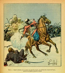 Østhæren av Eugène Sergeant, kjent som Grenest, illustrert av Louis Bombled (1862-1927) (den fransk-tyske krig; felttoget 1870-1871): januar 1871, en svart rytter i tjeneste hos oberst De Vezet gjør slutt på en såret prøyssisk offiser, Samling Pa
